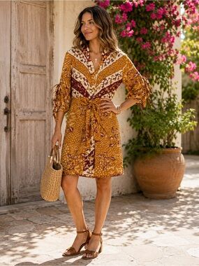 Boho Cottagecore  Patchwork Main Character Tie Waist Dress | Mustard & Burgundy